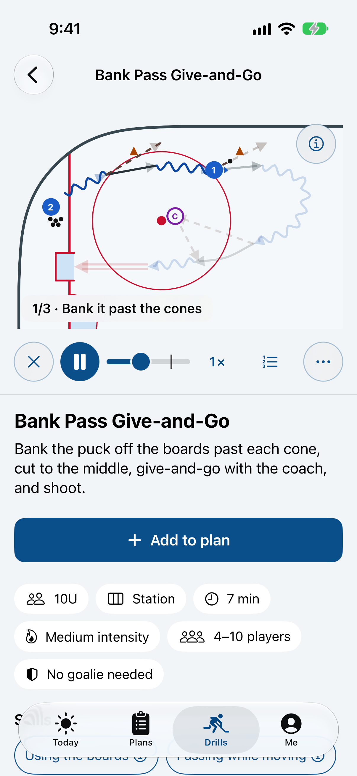 RinkCoach drill player screen on iPhone