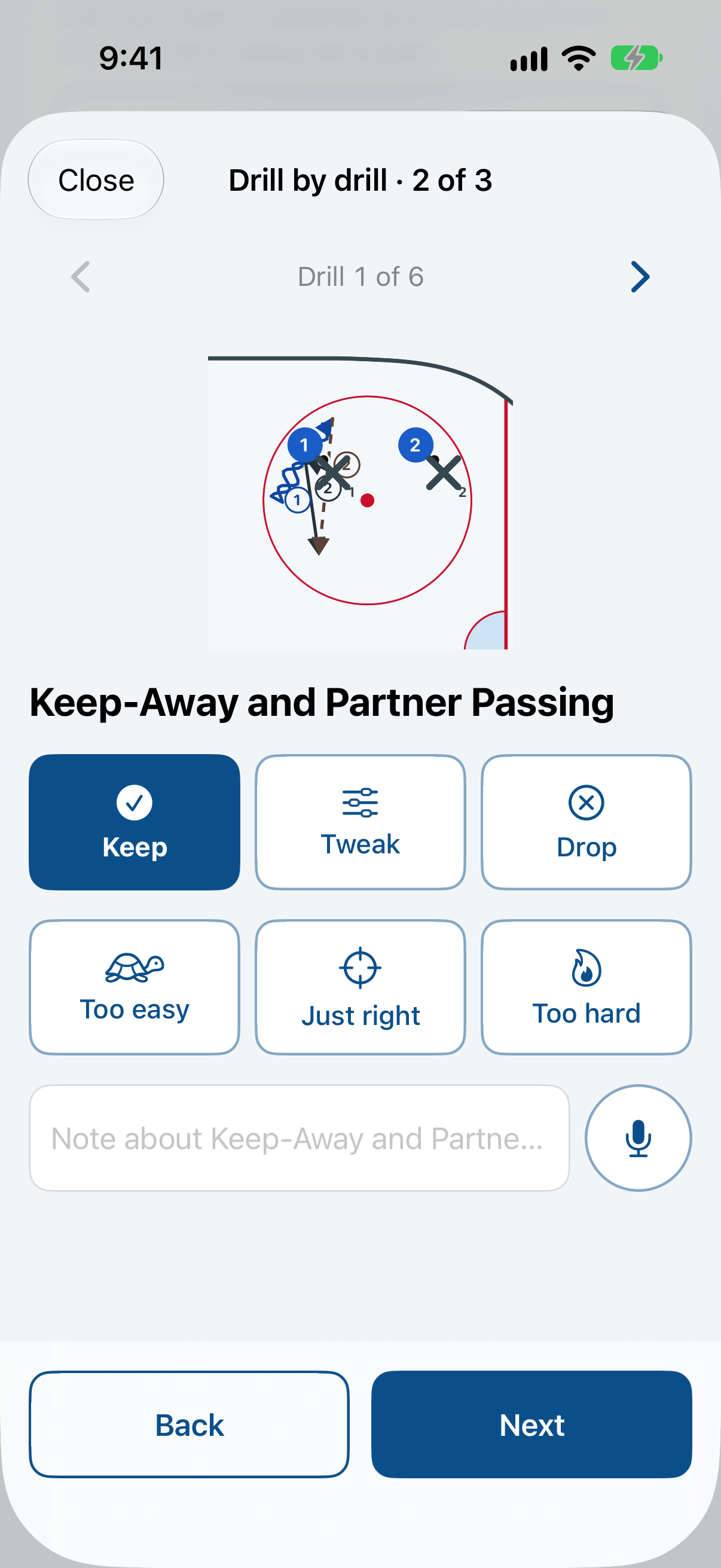RinkCoach post-practice feedback screen on iPhone