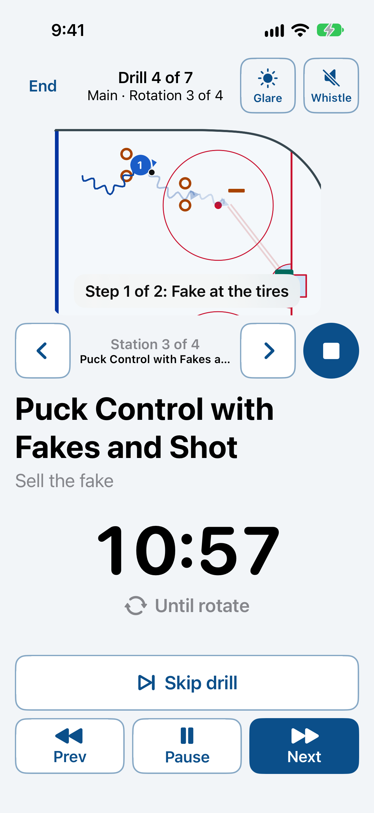 RinkCoach on iPhone showing an animated drill diagram and the practice timer
