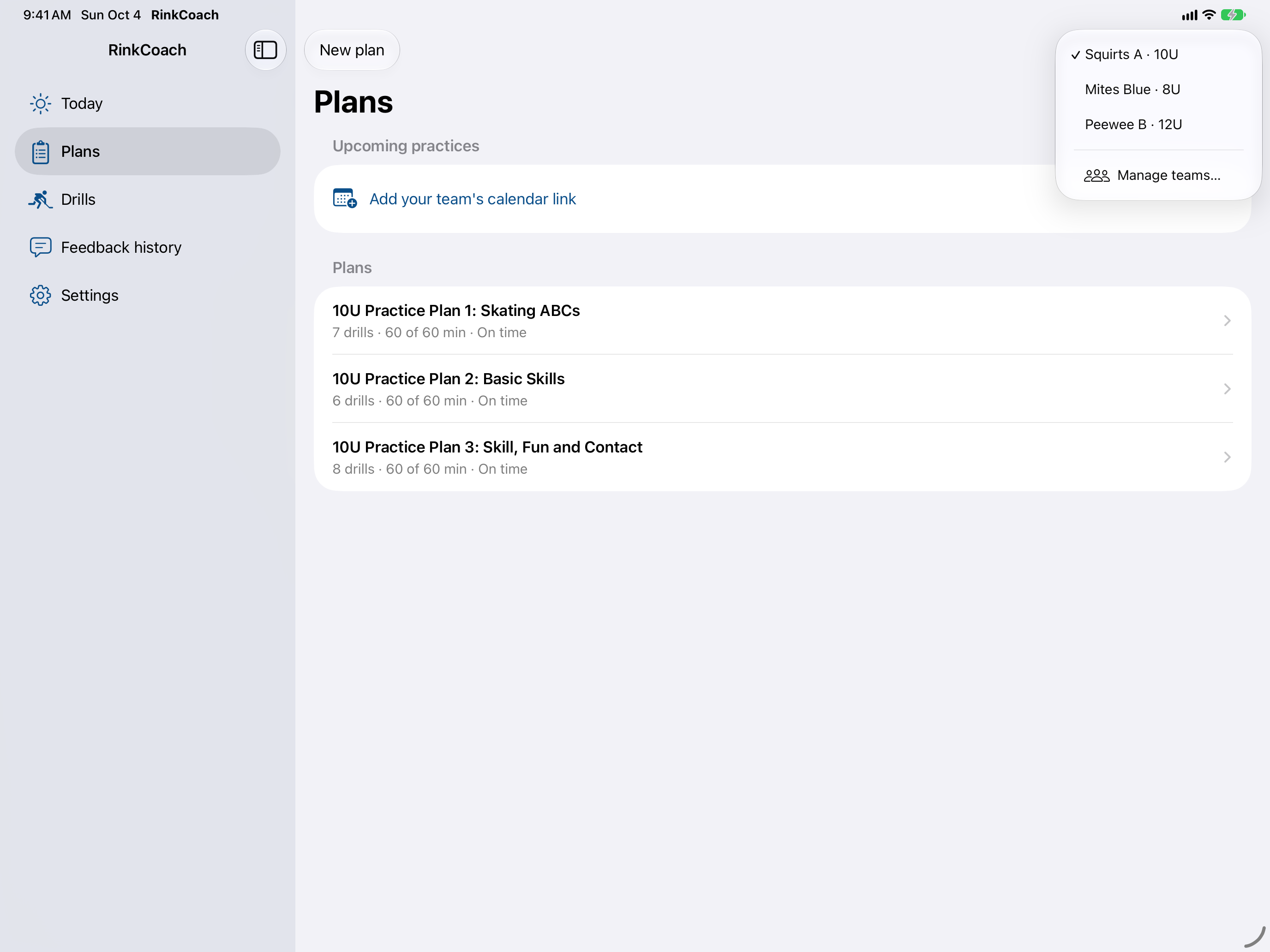 RinkCoach on iPad showing practice plans for several teams