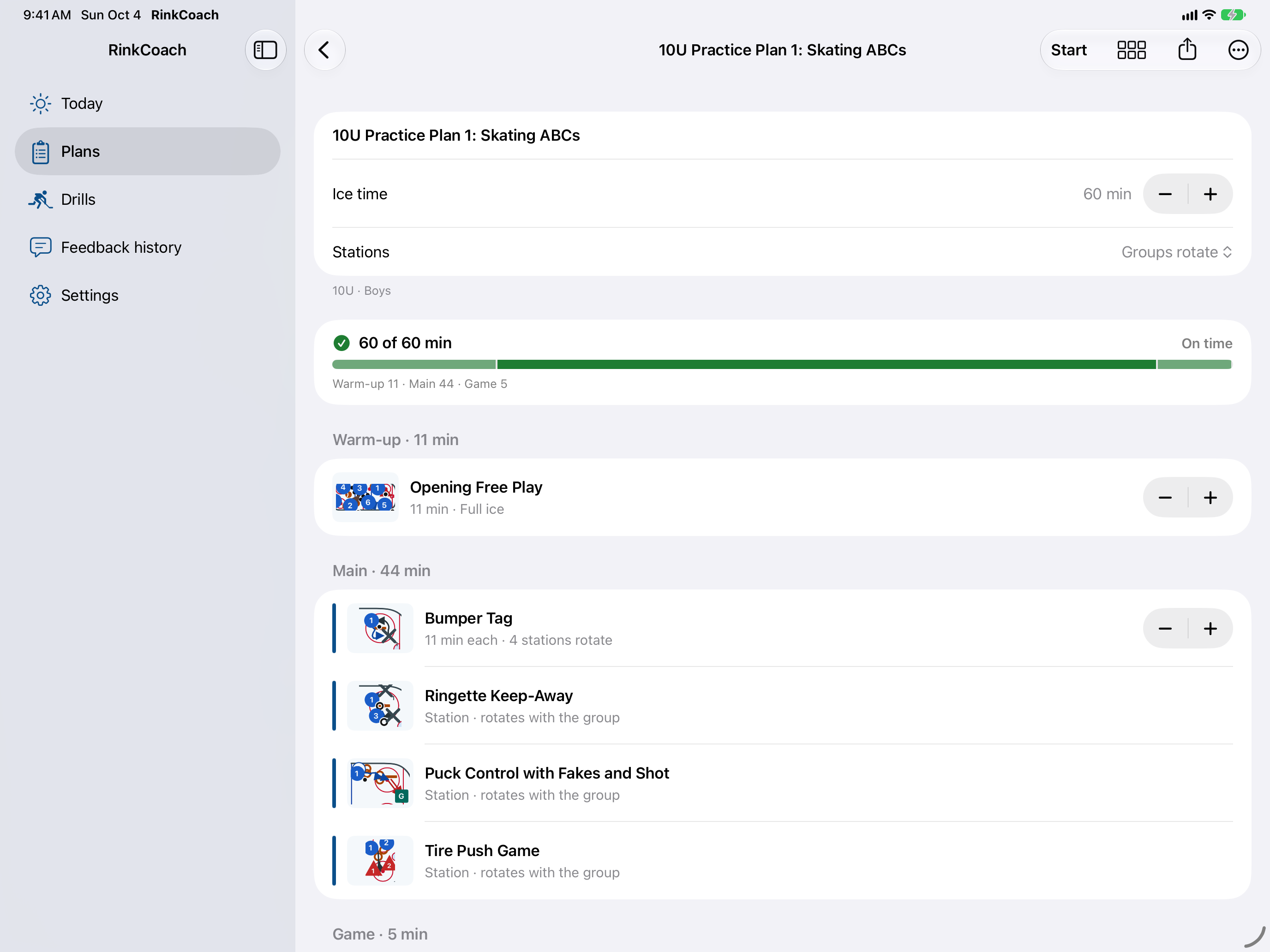 RinkCoach plan builder on iPad in landscape