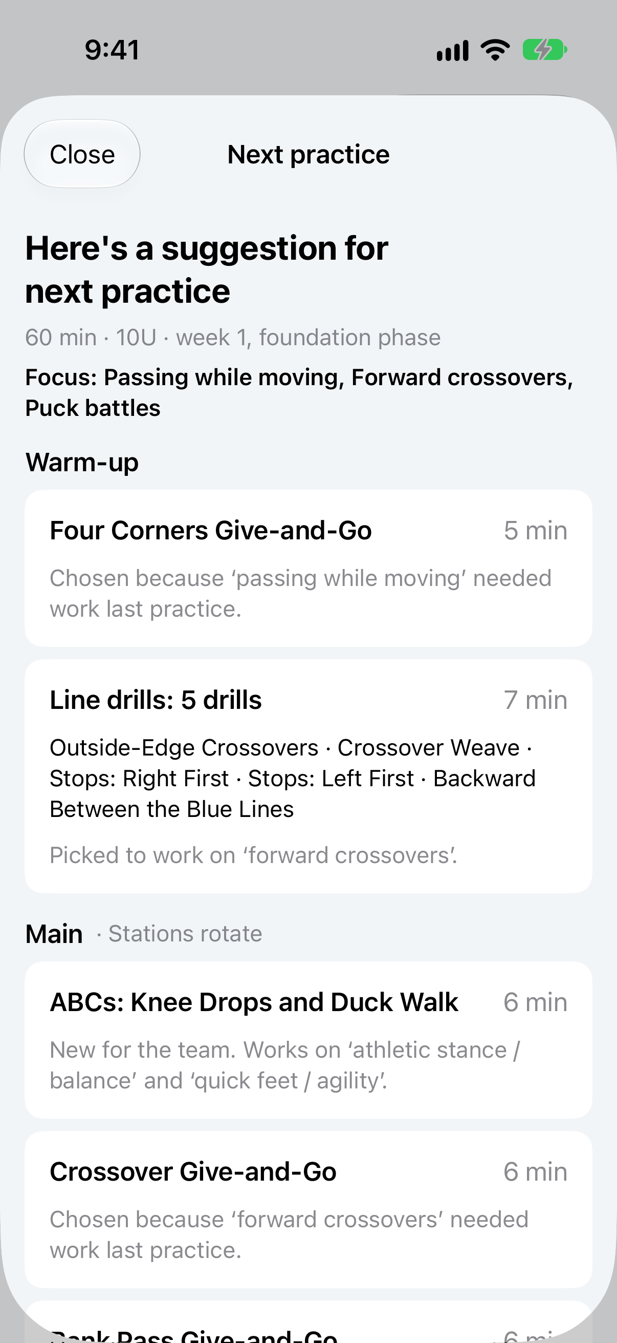 RinkCoach plan generator screen on iPhone