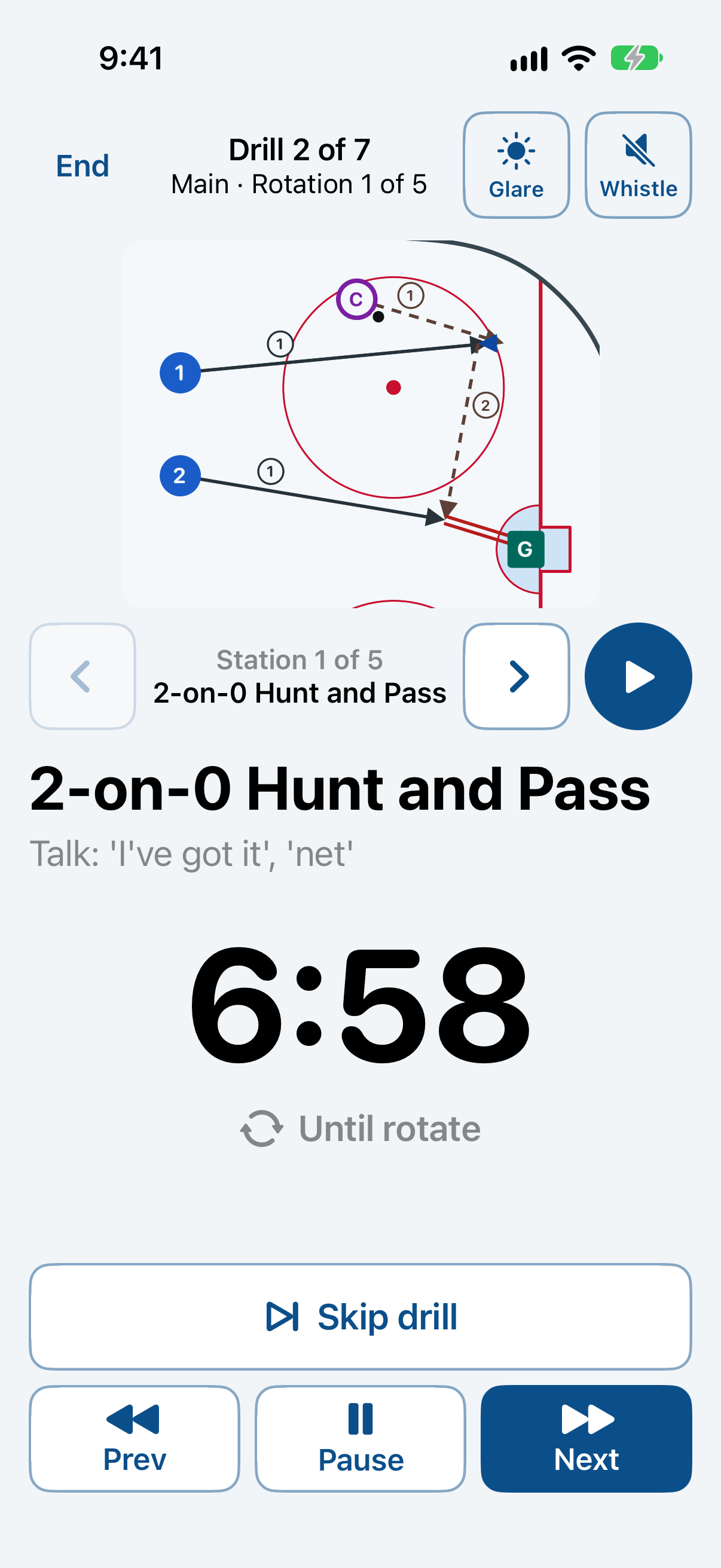 RinkCoach practice run mode screen on iPhone
